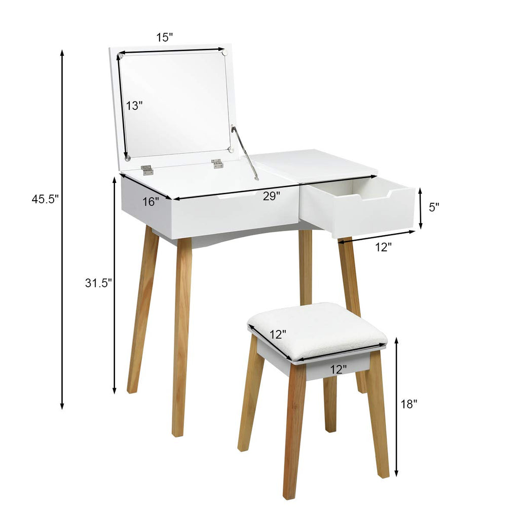 White Wooden Vanity Table with Flip Top Mirror and Stool J42335