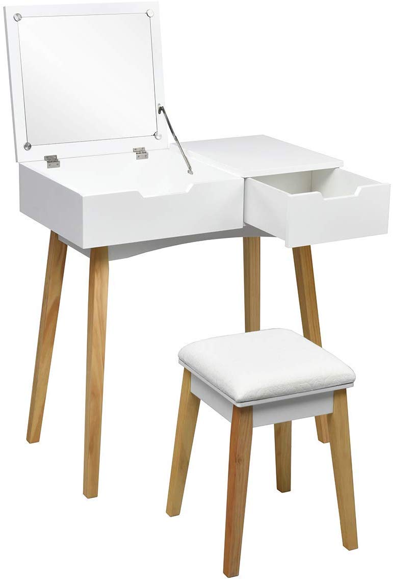 White Wooden Vanity Table with Flip Top Mirror and Stool J42335