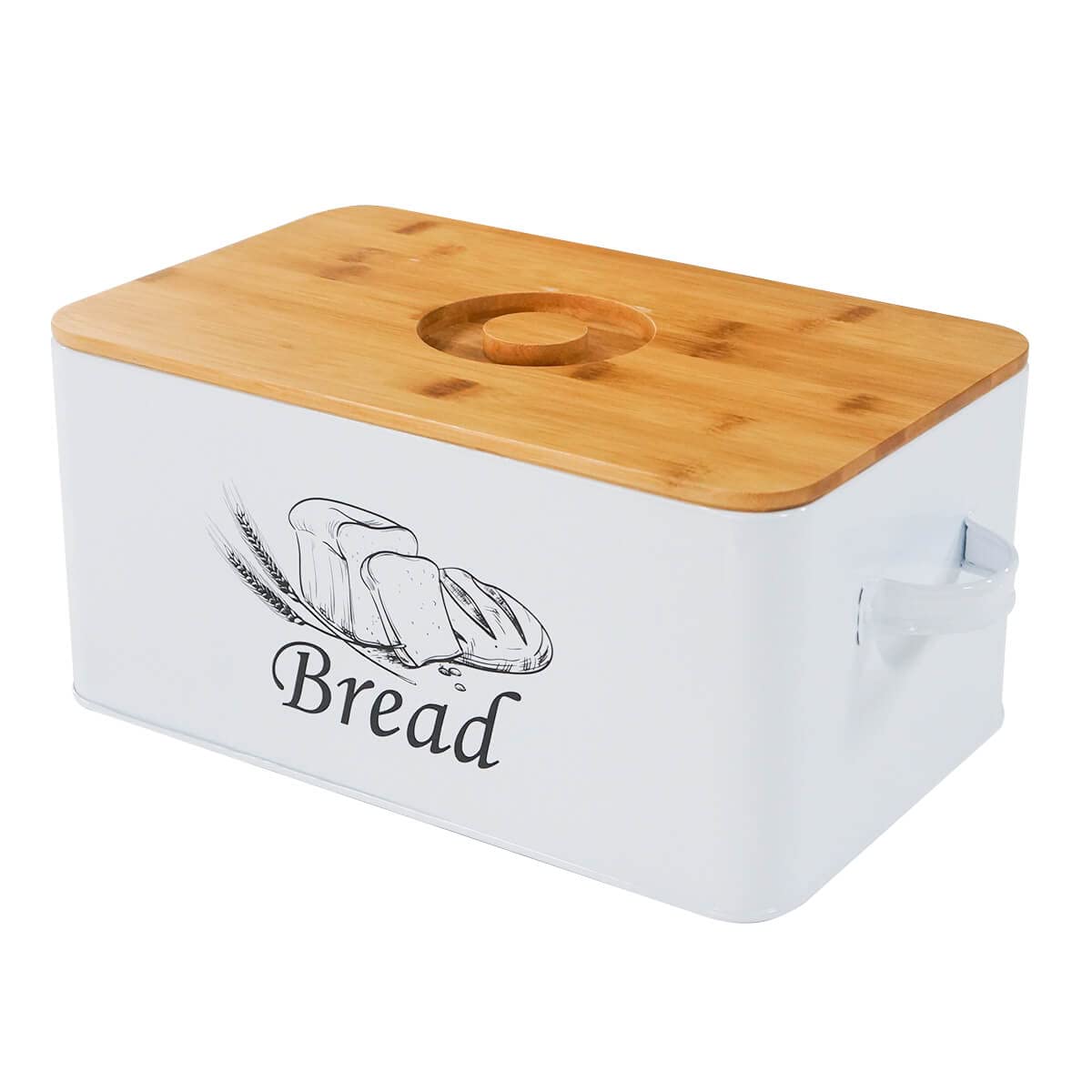 White Metal Bread Box with Bamboo Lid I204325