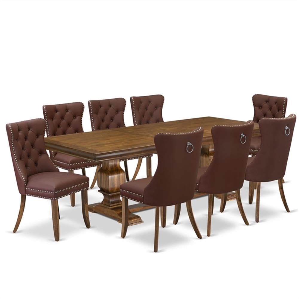 9-Piece Acacia Wood Dining Set with 8 Burgundy Faux Leather Chairs P833