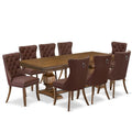 9-Piece Acacia Wood Dining Set with 8 Burgundy Faux Leather Chairs P833
