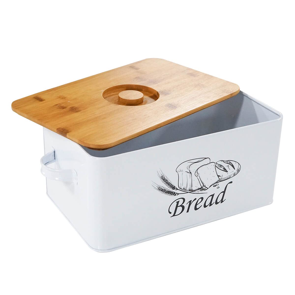 White Metal Bread Box with Bamboo Lid I204325