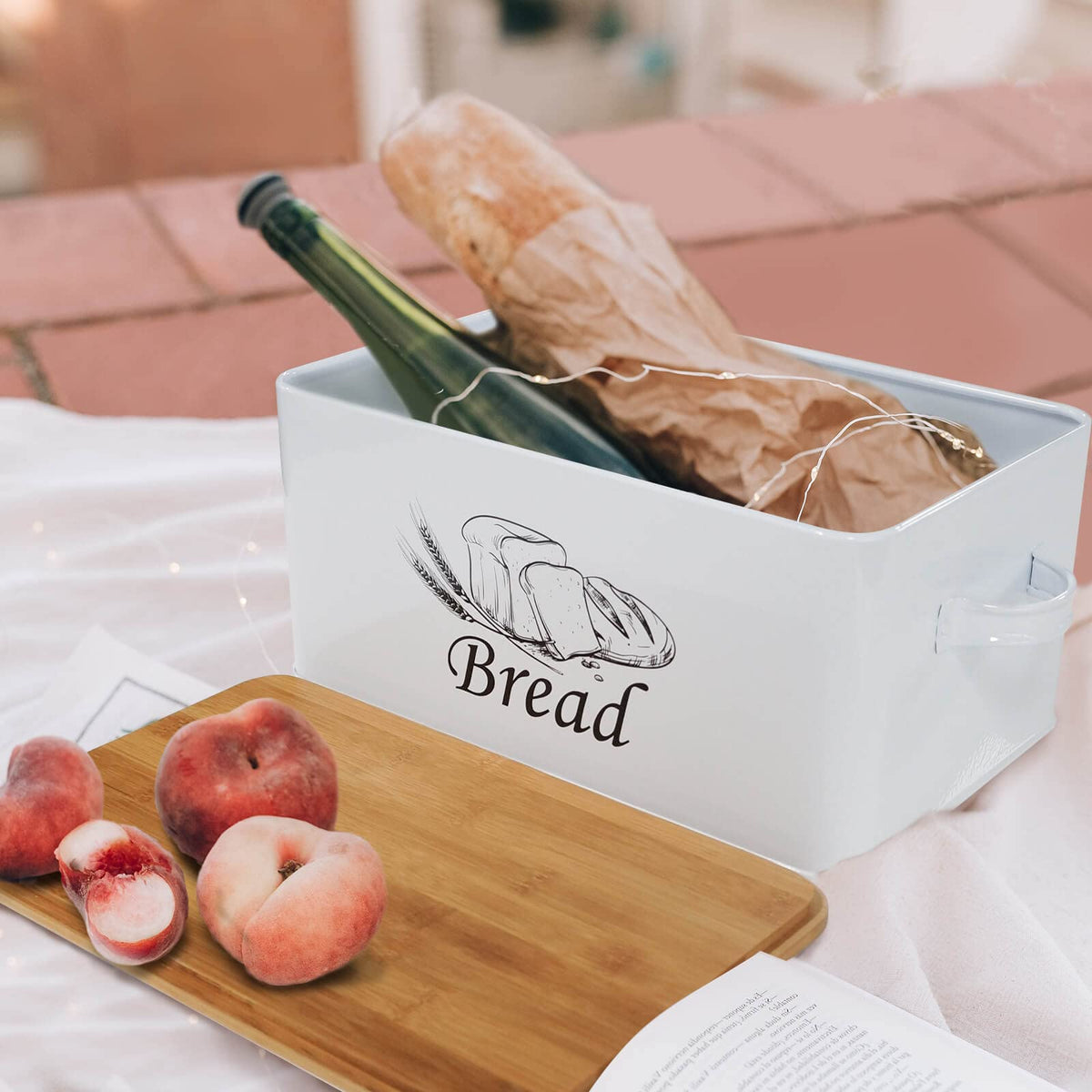 White Metal Bread Box with Bamboo Lid I204325