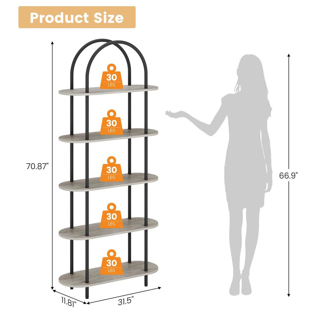 5-Tier Open Arched Bookshelf with Metal Frame N222955