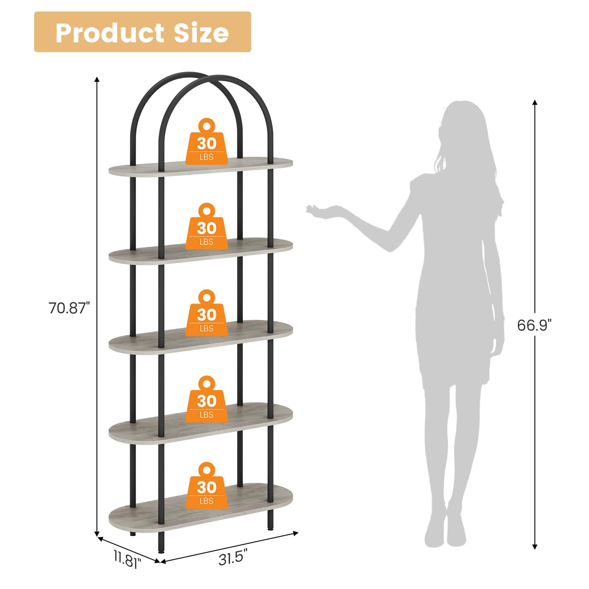 5-Tier Open Arched Bookshelf with Metal Frame N222955