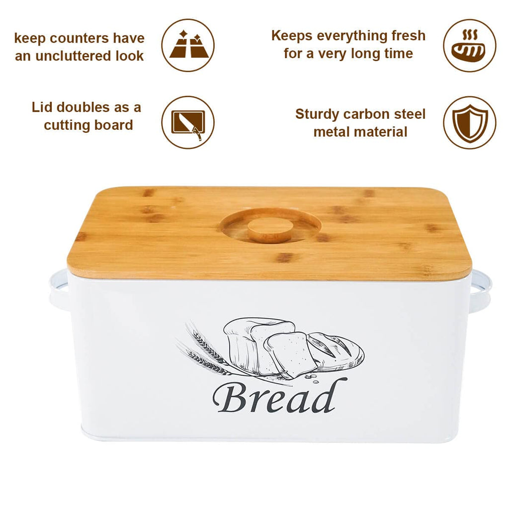 White Metal Bread Box with Bamboo Lid I204325