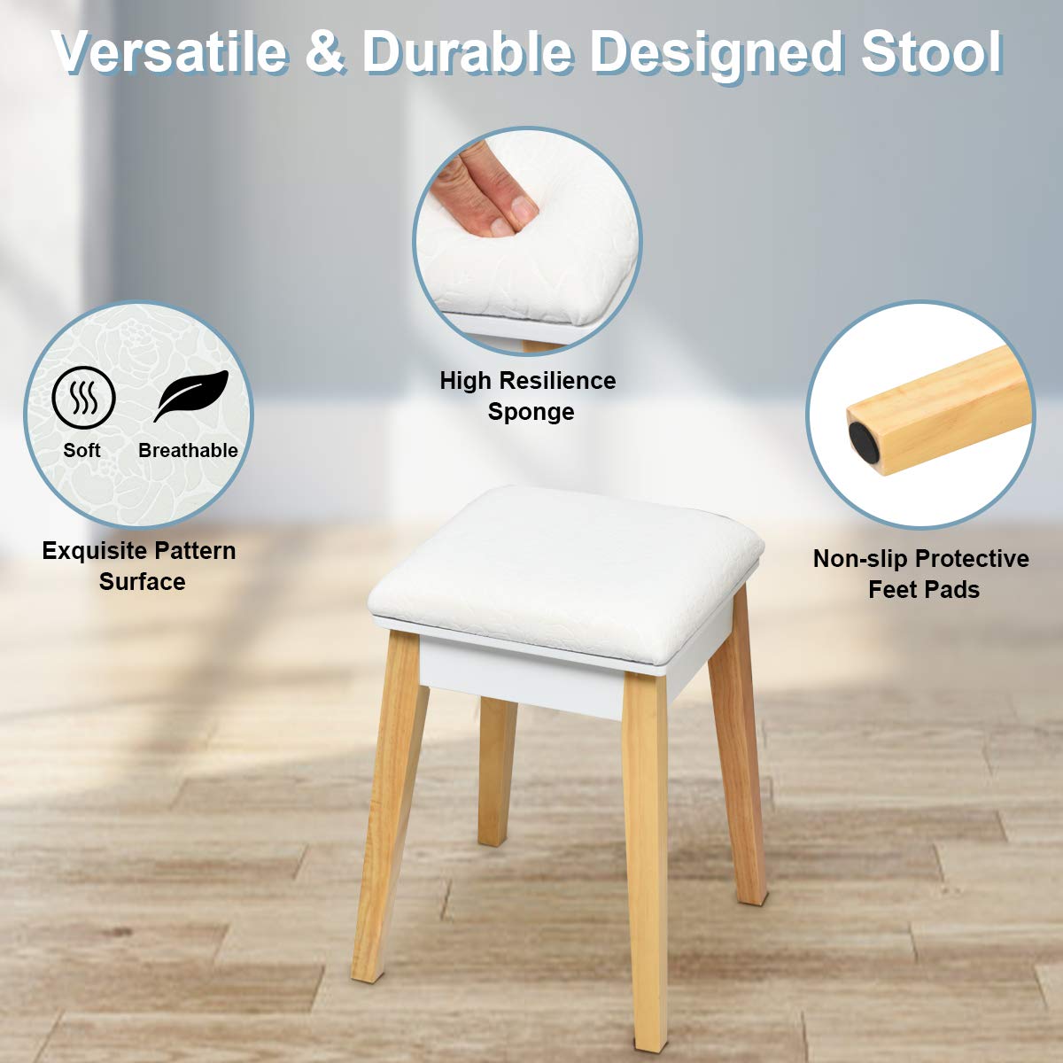 White Wooden Vanity Table with Flip Top Mirror and Stool J42335
