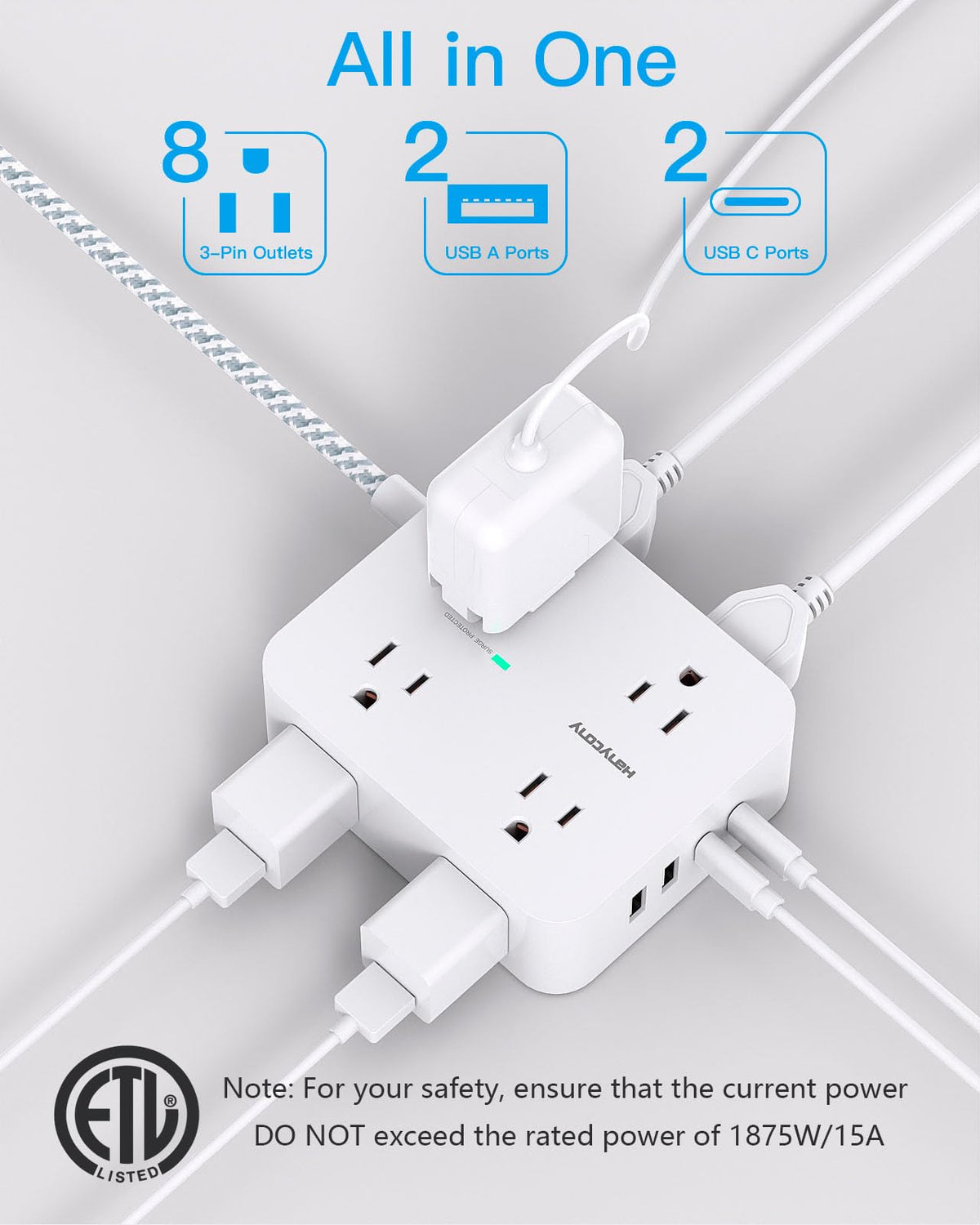 Surge Protector Power Strip 5 Ft Braided Extension Cord U8854