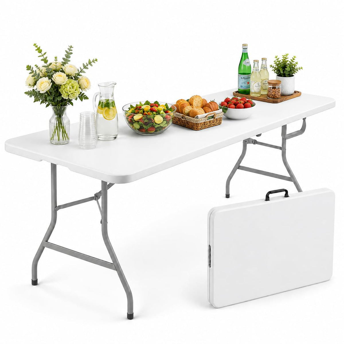 6FT White Folding Plastic Utility Table with Carrying Handle Z893