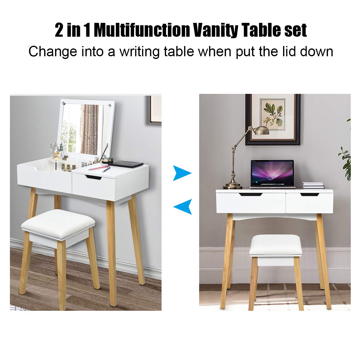 White Wooden Vanity Table with Flip Top Mirror and Stool J42335