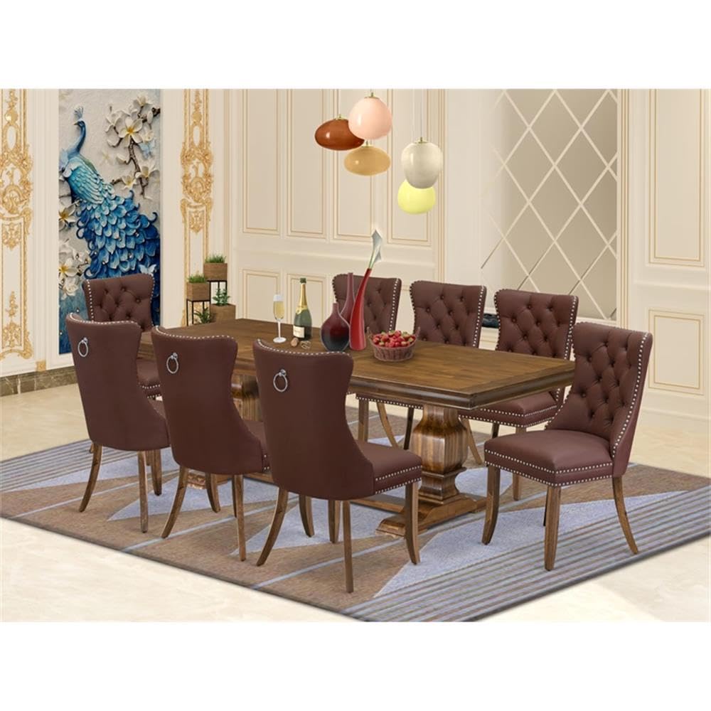 9-Piece Acacia Wood Dining Set with 8 Burgundy Faux Leather Chairs P833