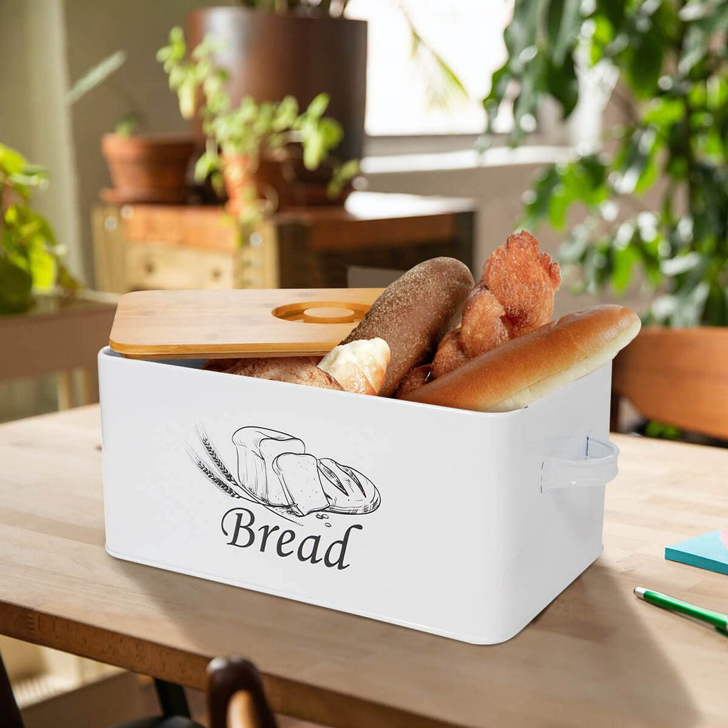 White Metal Bread Box with Bamboo Lid I204325