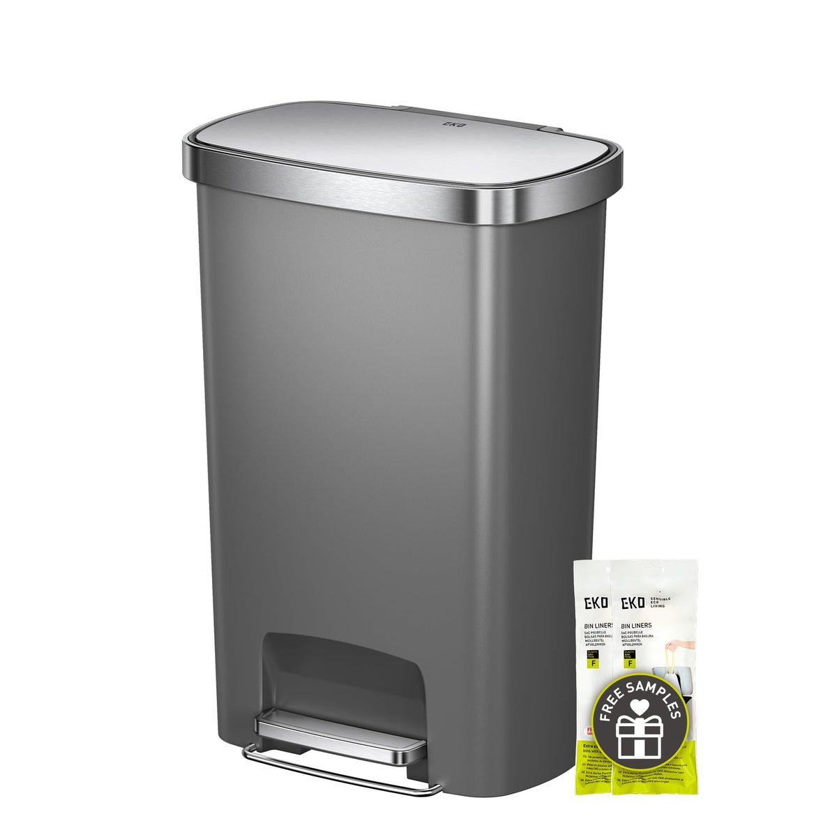 13.2 Gallon / 50L Grey Plastic Step Trash Can with Stainless Steel Lid C971