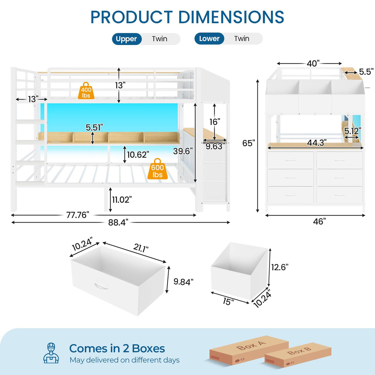 Twin Over Twin Bunk Bed with 6 Storage Drawers, Shelves, LED Lights and Ladder G58625