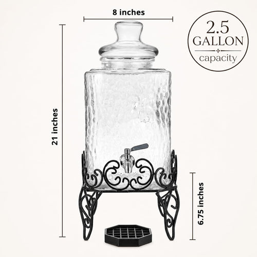 2.5 Gallon Glass Beverage Dispenser with Stand and Stainless Steel Spigot W771