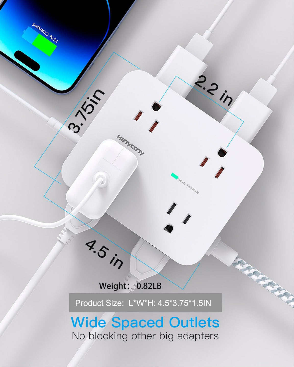 Surge Protector Power Strip 5 Ft Braided Extension Cord U8854