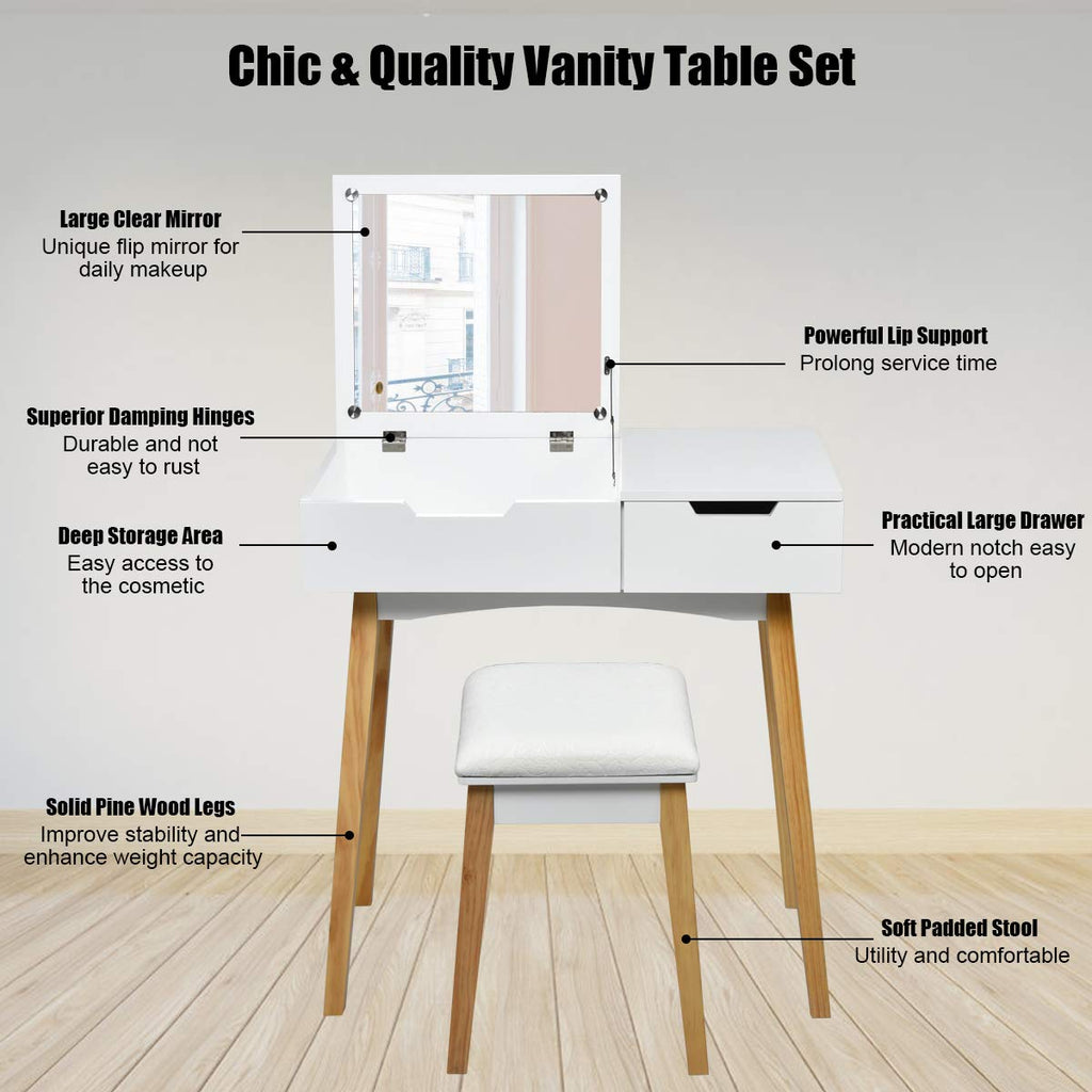 White Wooden Vanity Table with Flip Top Mirror and Stool J42335