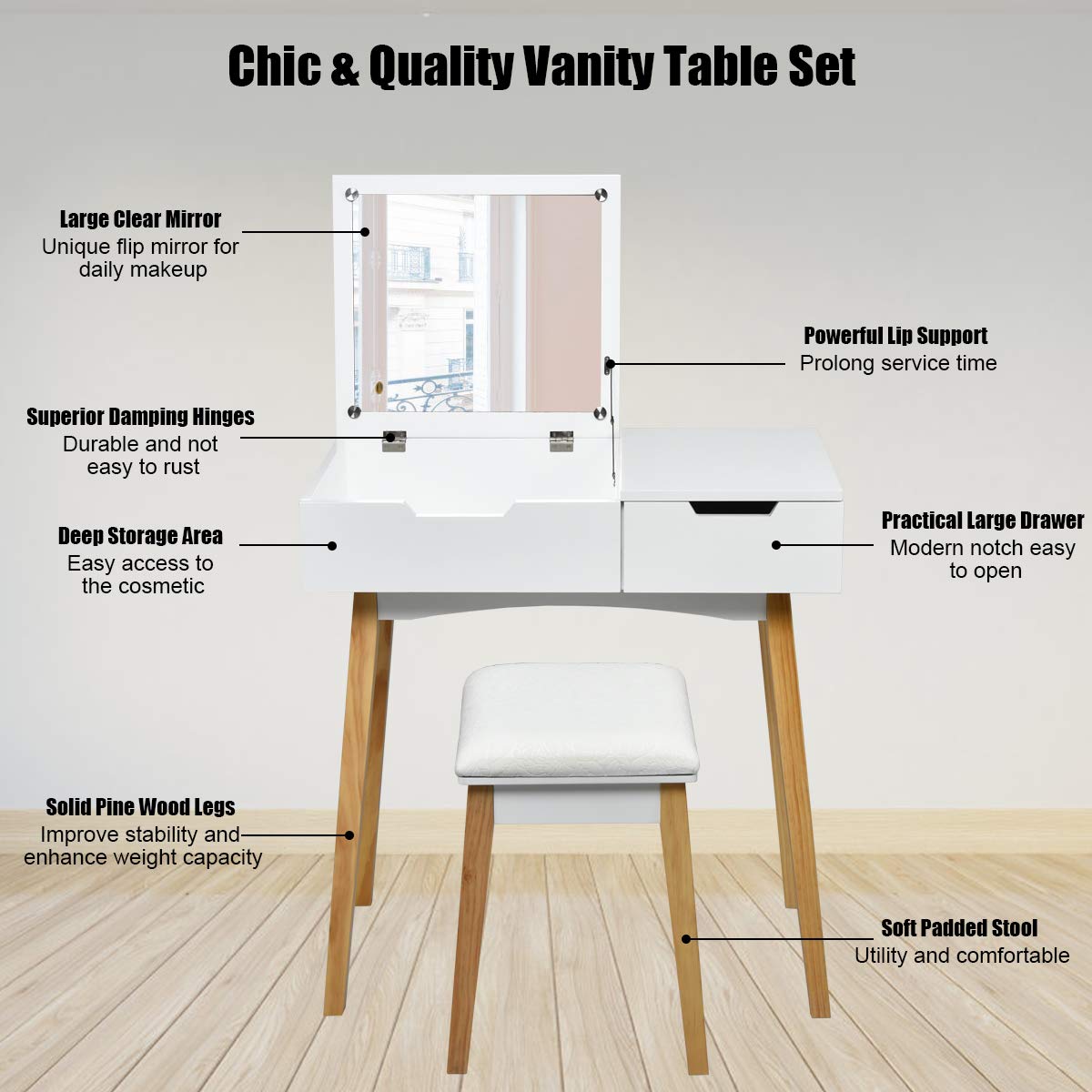 White Wooden Vanity Table with Flip Top Mirror and Stool J42335