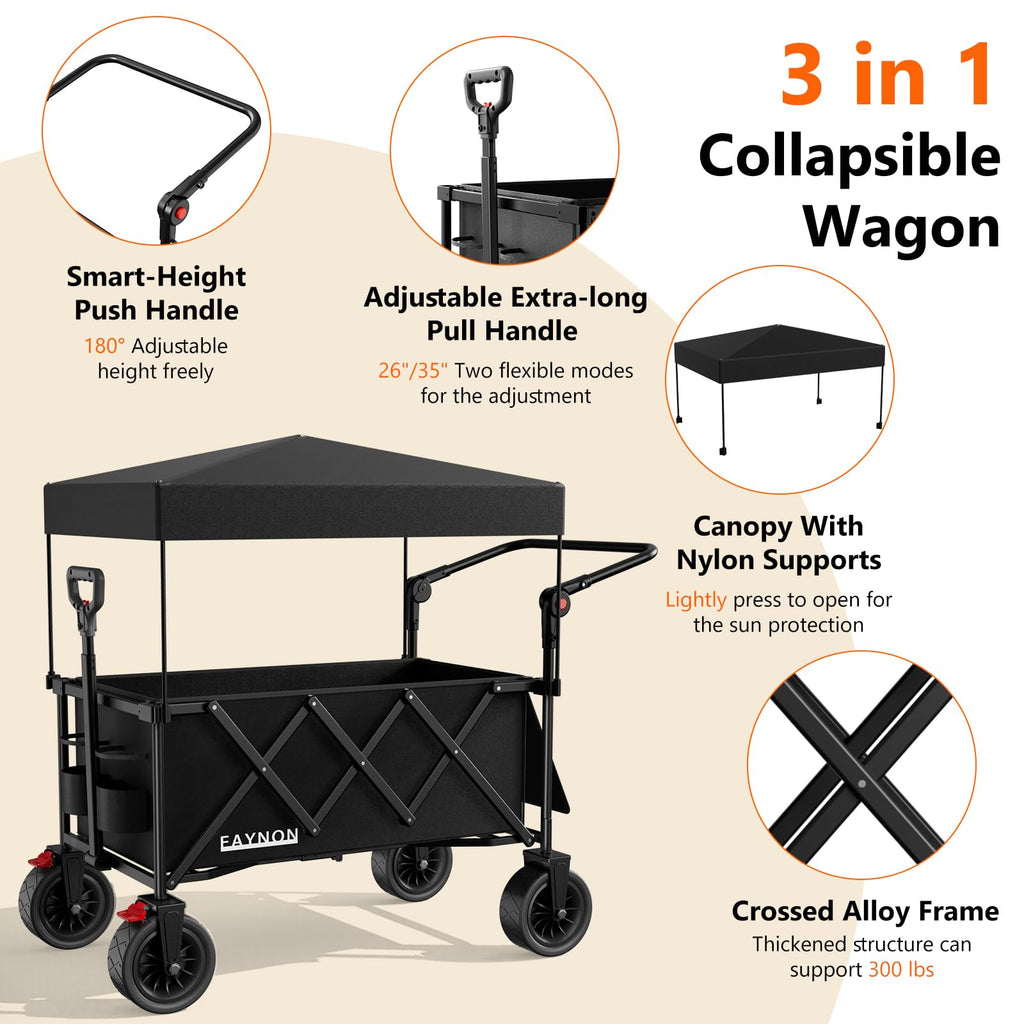 Collapsible Wagon with 300lbs Capacity, 150L Heavy Duty Utility Cart, Black T972238