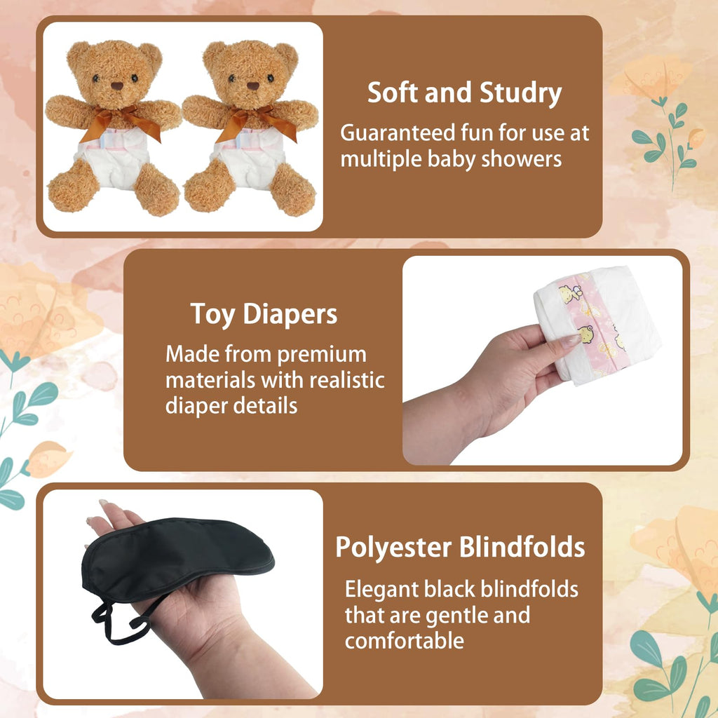 Baby Shower Games Set of 12 with Diapers, Baby Dolls, White Organza Bags and Blindfolds Y657