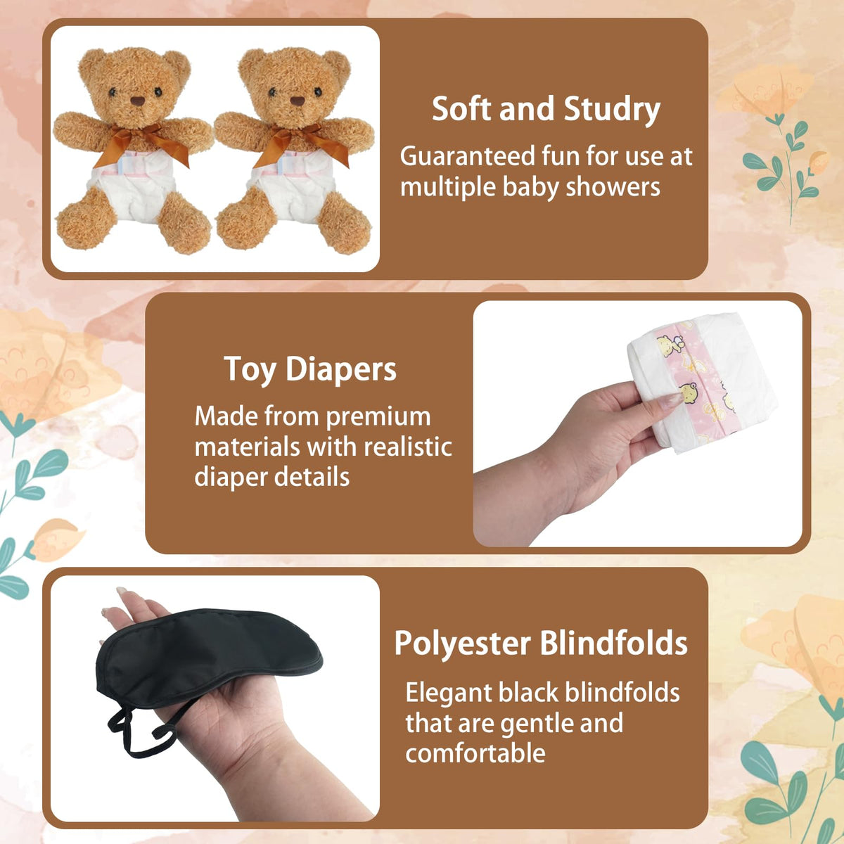 Baby Shower Games Set of 12 with Diapers, Baby Dolls, White Organza Bags and Blindfolds Y657