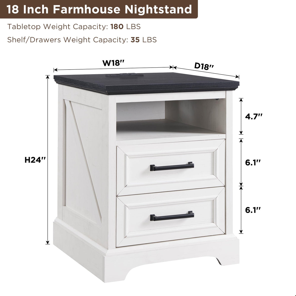 18" Antique White Nightstand with Charging Station B6997