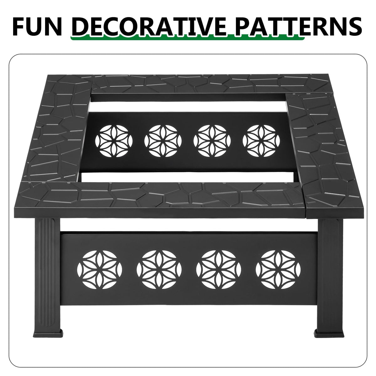 32 Inch Square Wood Burning Fire Pit Table with Spark Screen Lid and Fire Poker, Black H612409