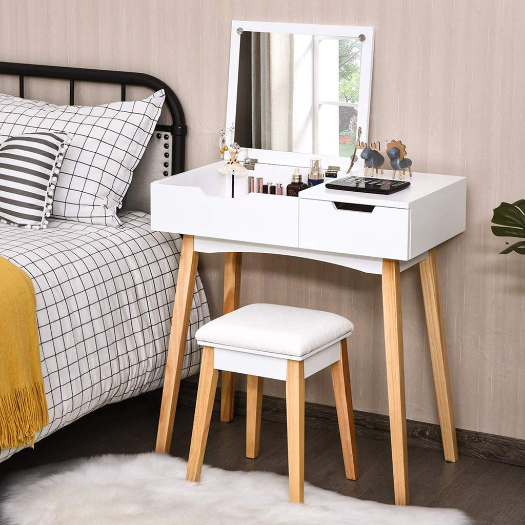 White Wooden Vanity Table with Flip Top Mirror and Stool J42335