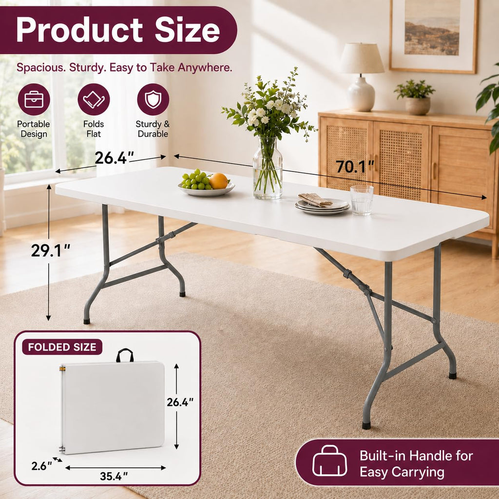 6FT White Folding Plastic Utility Table with Carrying Handle Z893