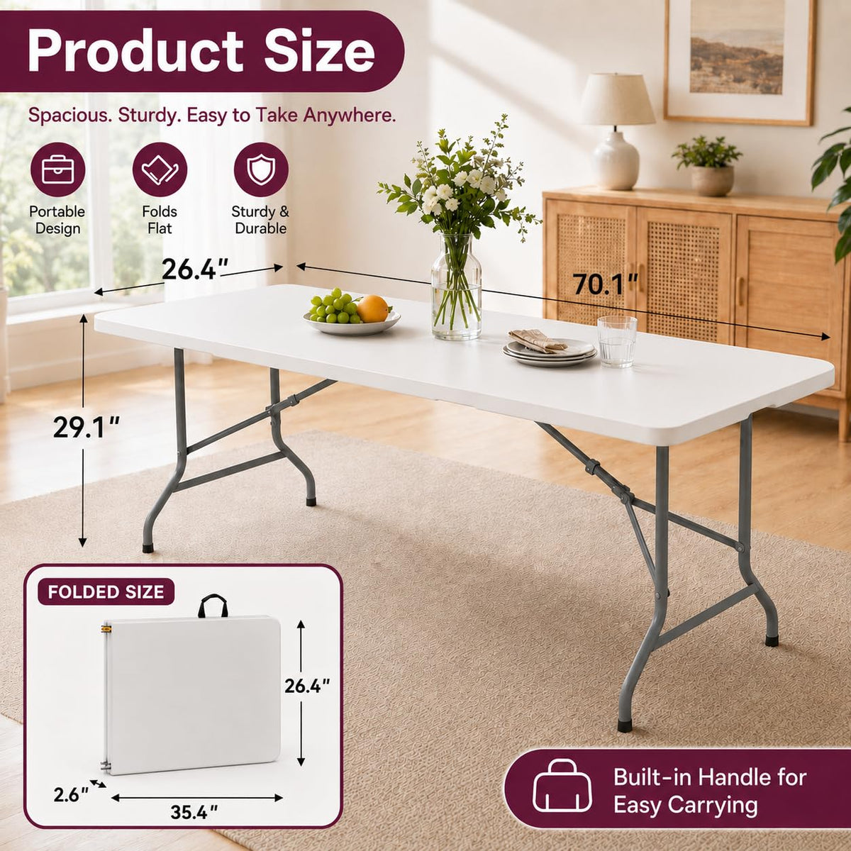 6FT White Folding Plastic Utility Table with Carrying Handle Z893