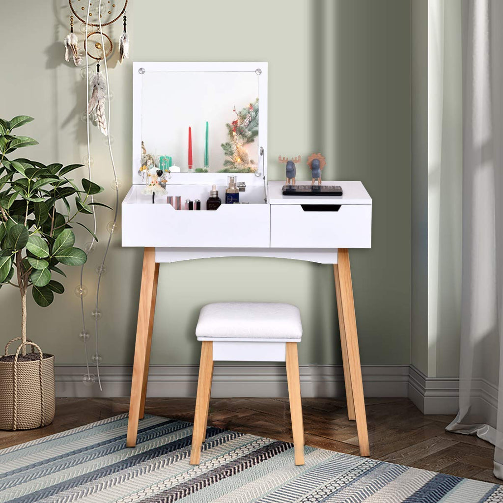 White Wooden Vanity Table with Flip Top Mirror and Stool J42335