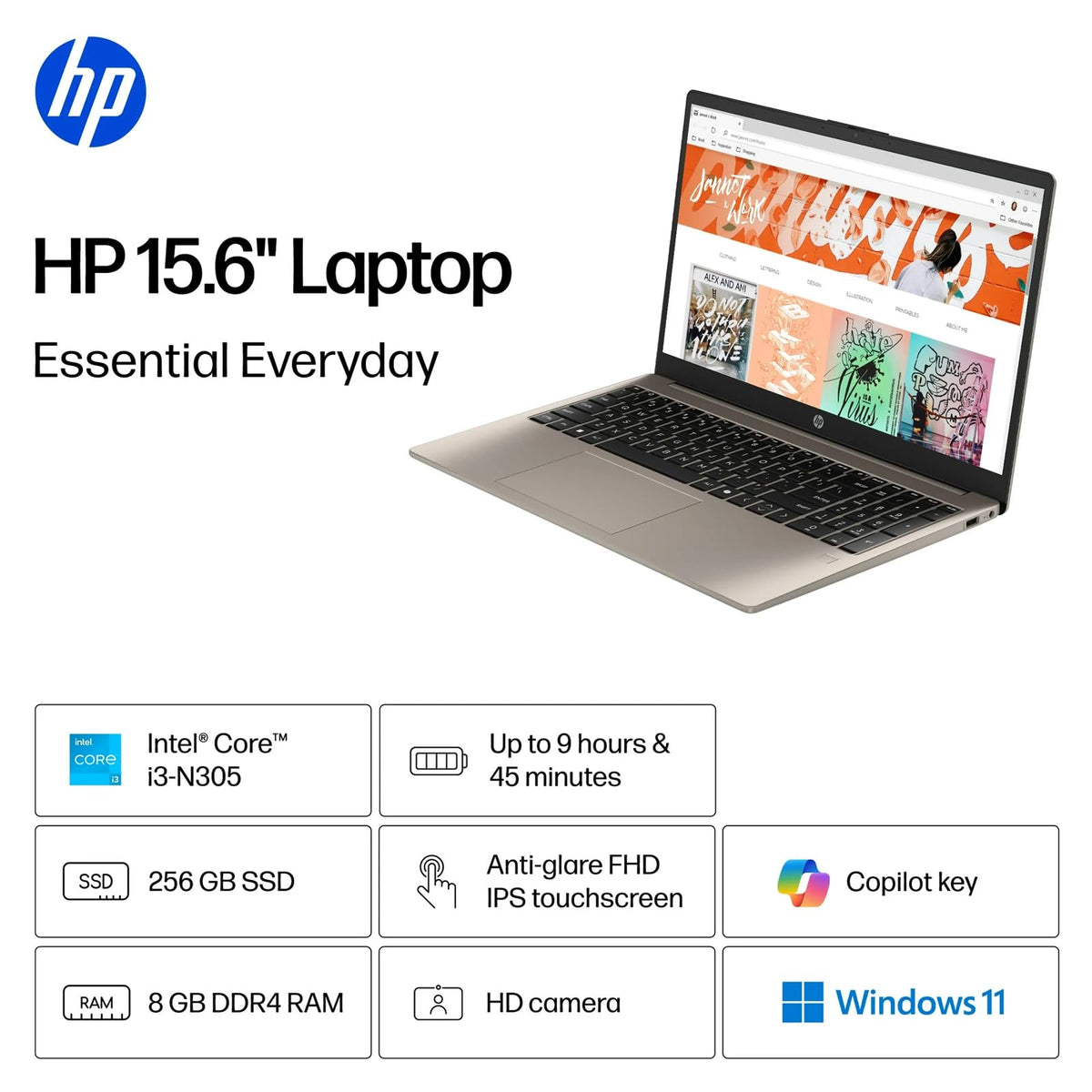 15.6 inch FHD IPS Touchscreen Laptop, Intel Core i3-N305, 8GB DDR4 RAM, 256GB SSD V79670