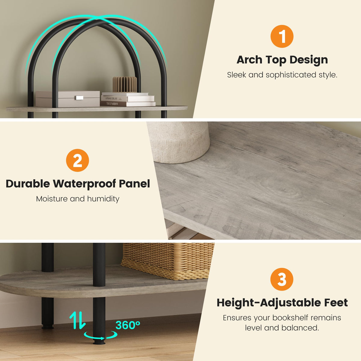 5-Tier Open Arched Bookshelf with Metal Frame N222955