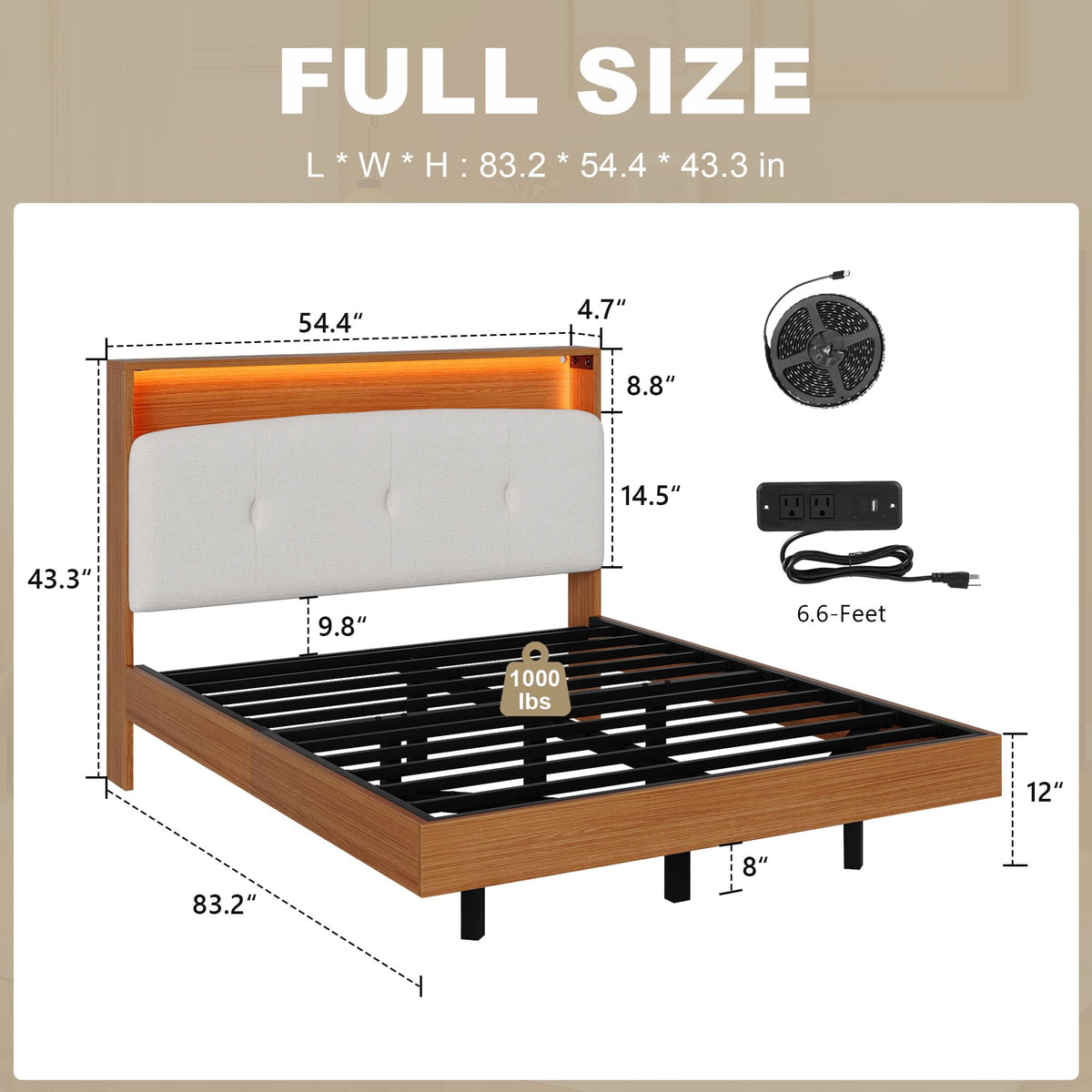 Full Size Floating Bed Frame with LED Light and Charging Station R52287