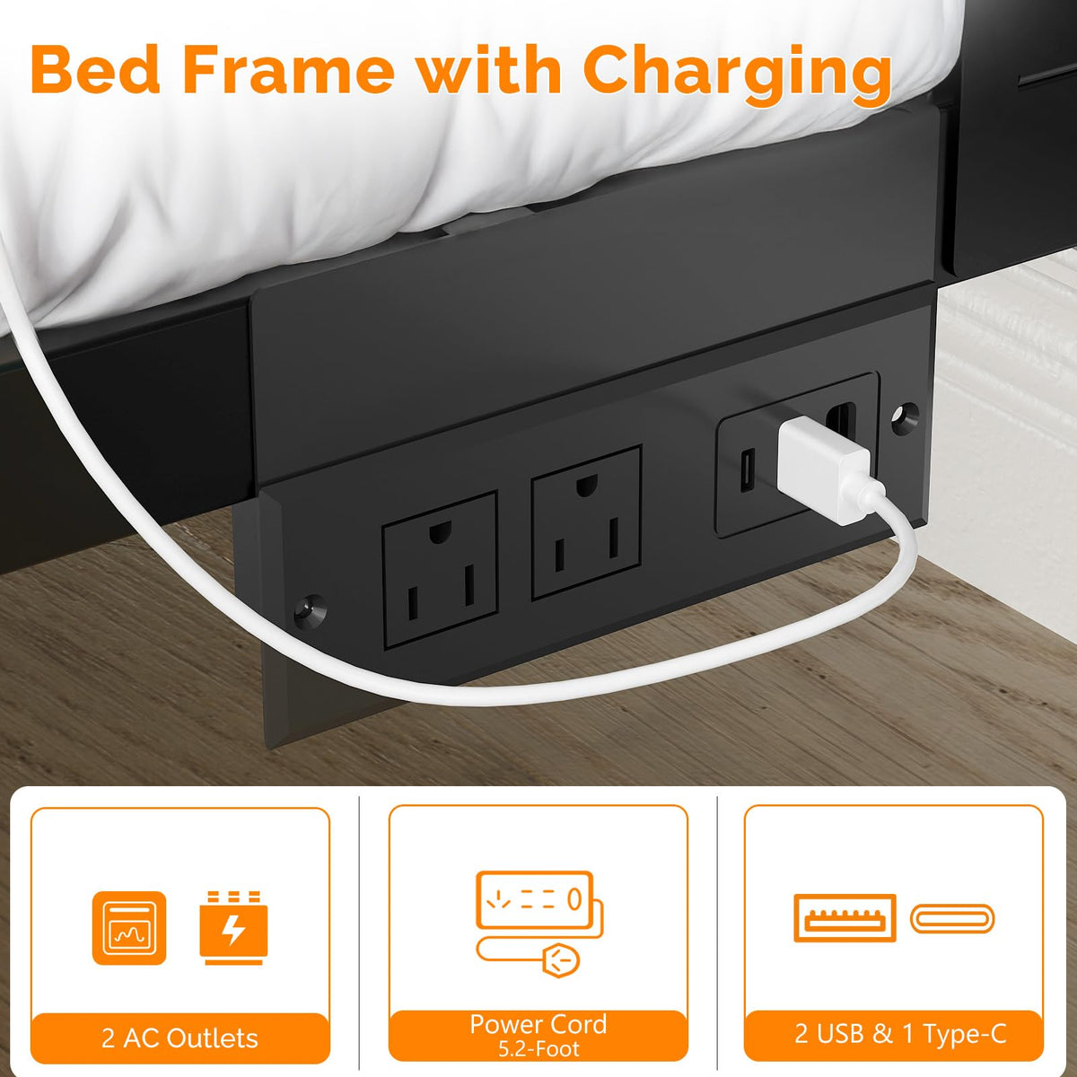 Full Size Metal Platform Bed Frame with LED Headboard and Charging Ports, Black Y329224