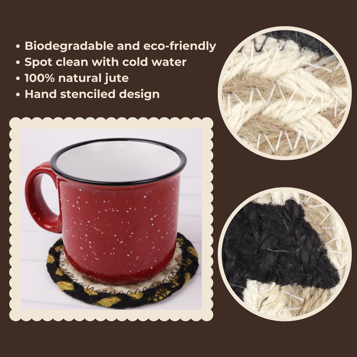 Braided Jute Coasters with Black Bear Design, Set of 2 Z120695