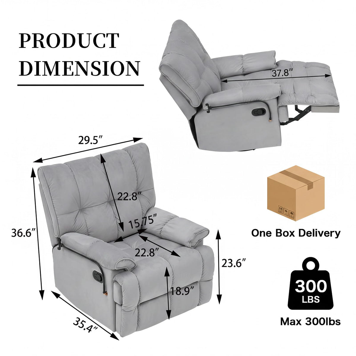 Velvet Swivel Recliner Accent Chair with Detachable Side Phone Holder B415