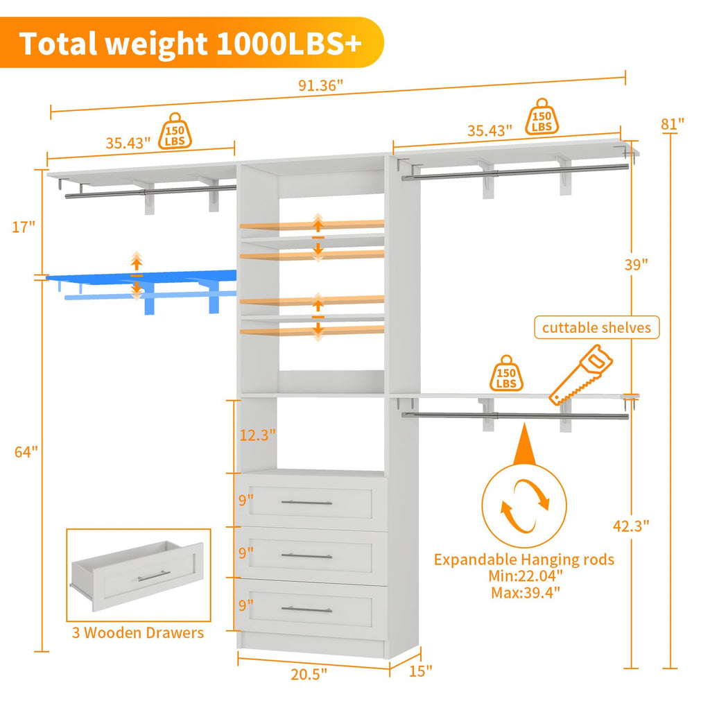 White Closet System with 3 Wood Drawers and Hanging Rods C125634