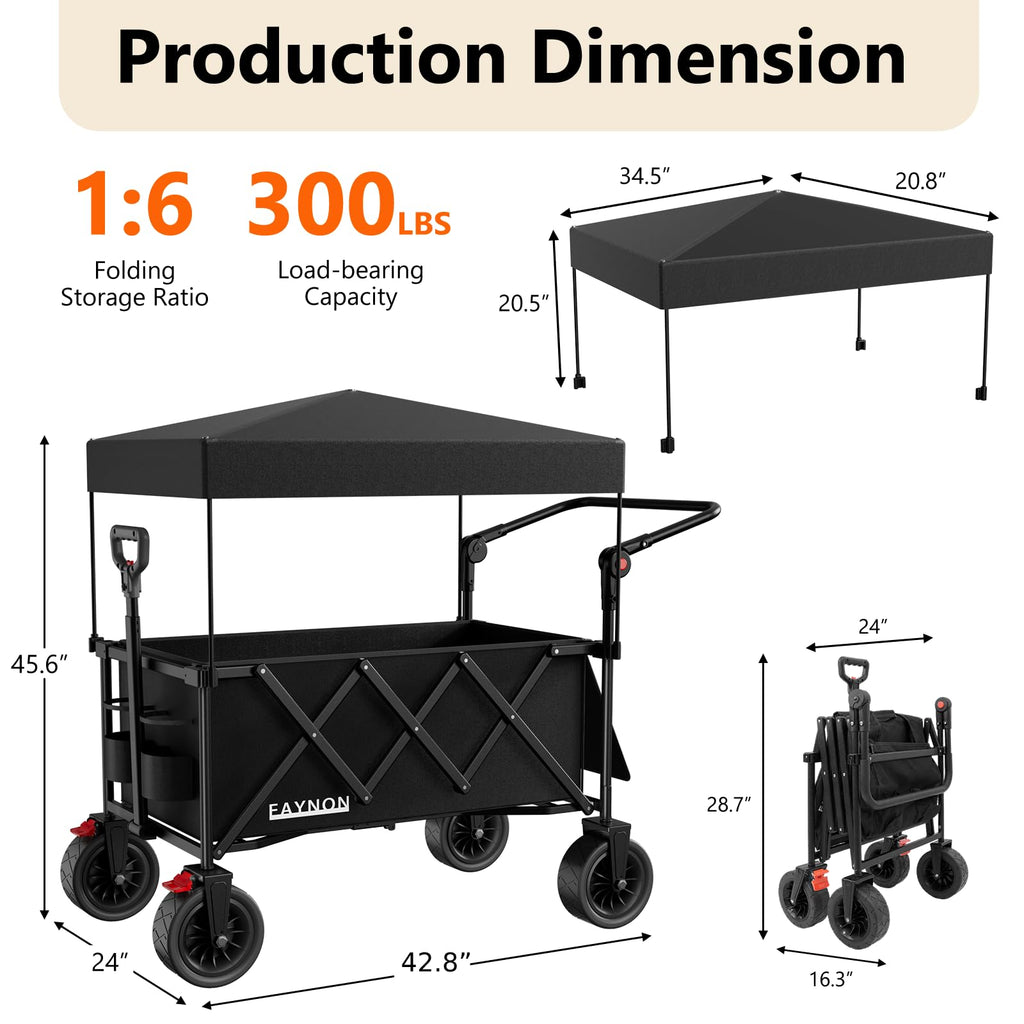 Collapsible Wagon with 300lbs Capacity, 150L Heavy Duty Utility Cart, Black T972238