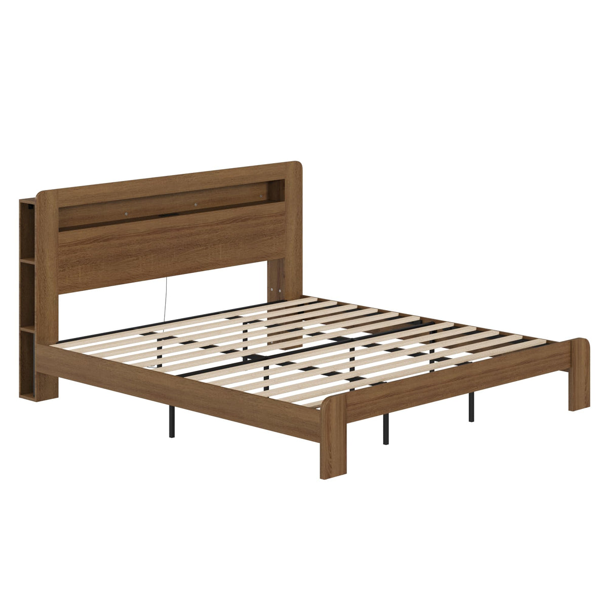 King Walnut Storage Bed Frame with LED Lights Z419