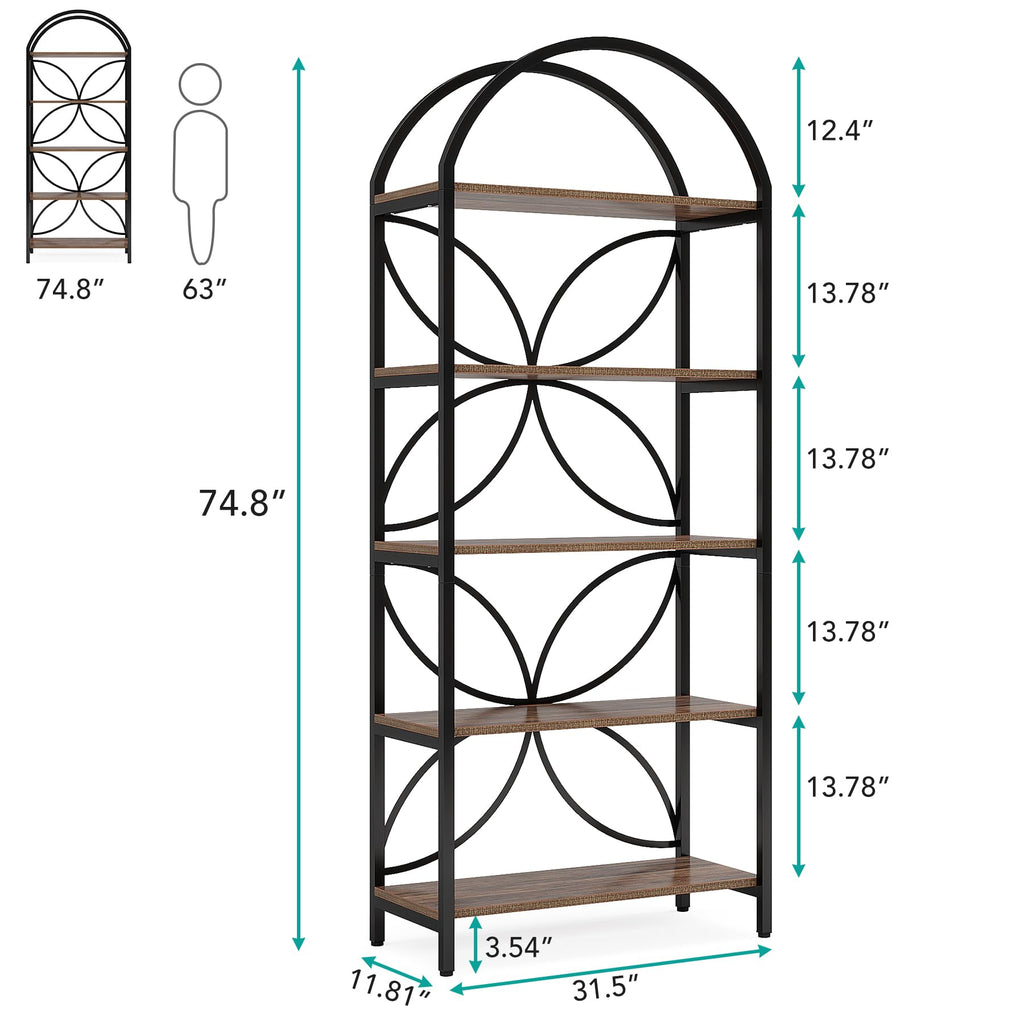 75 Inch Tall Arched 5-Tier Bookshelf O499276