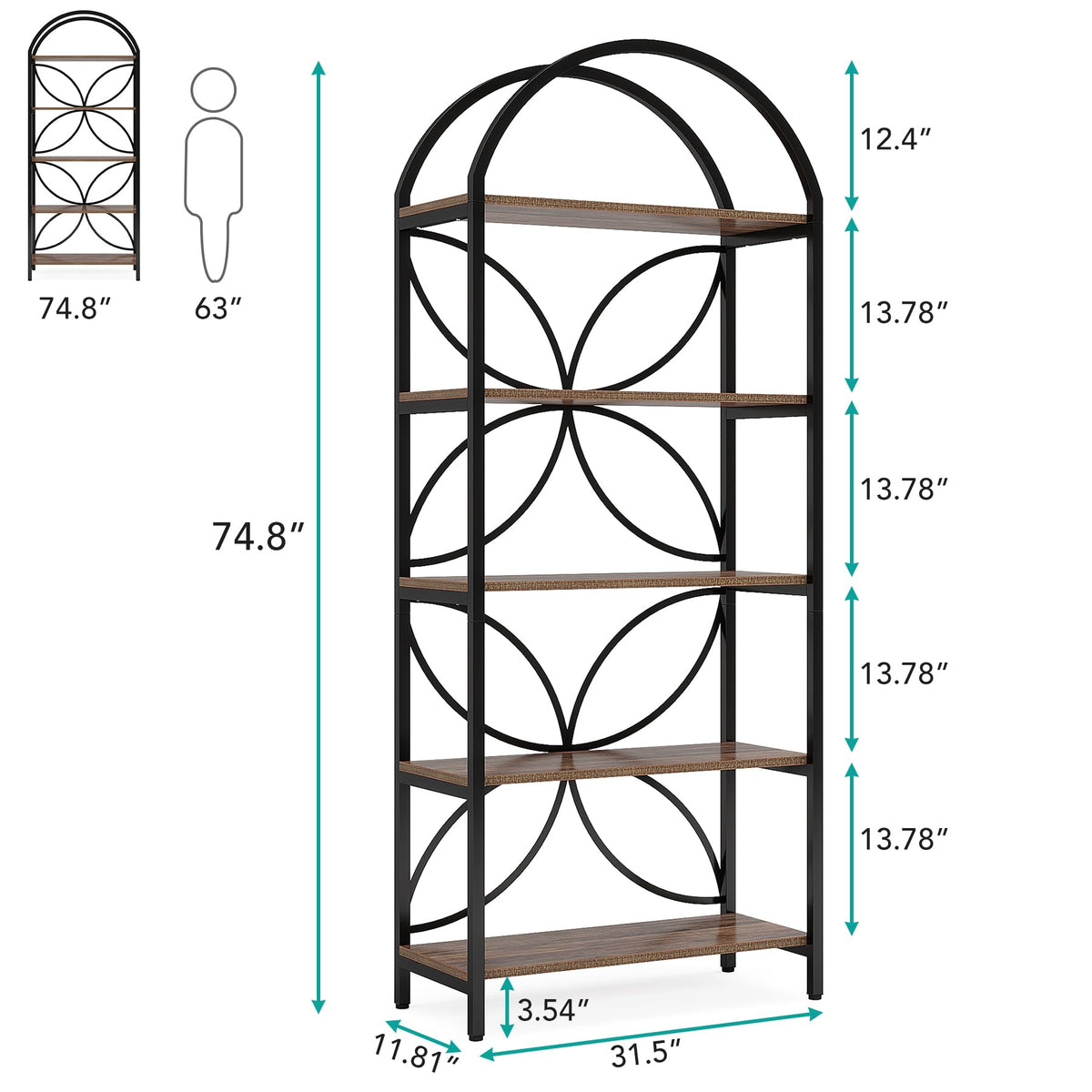 75 Inch Tall Arched 5-Tier Bookshelf O499276