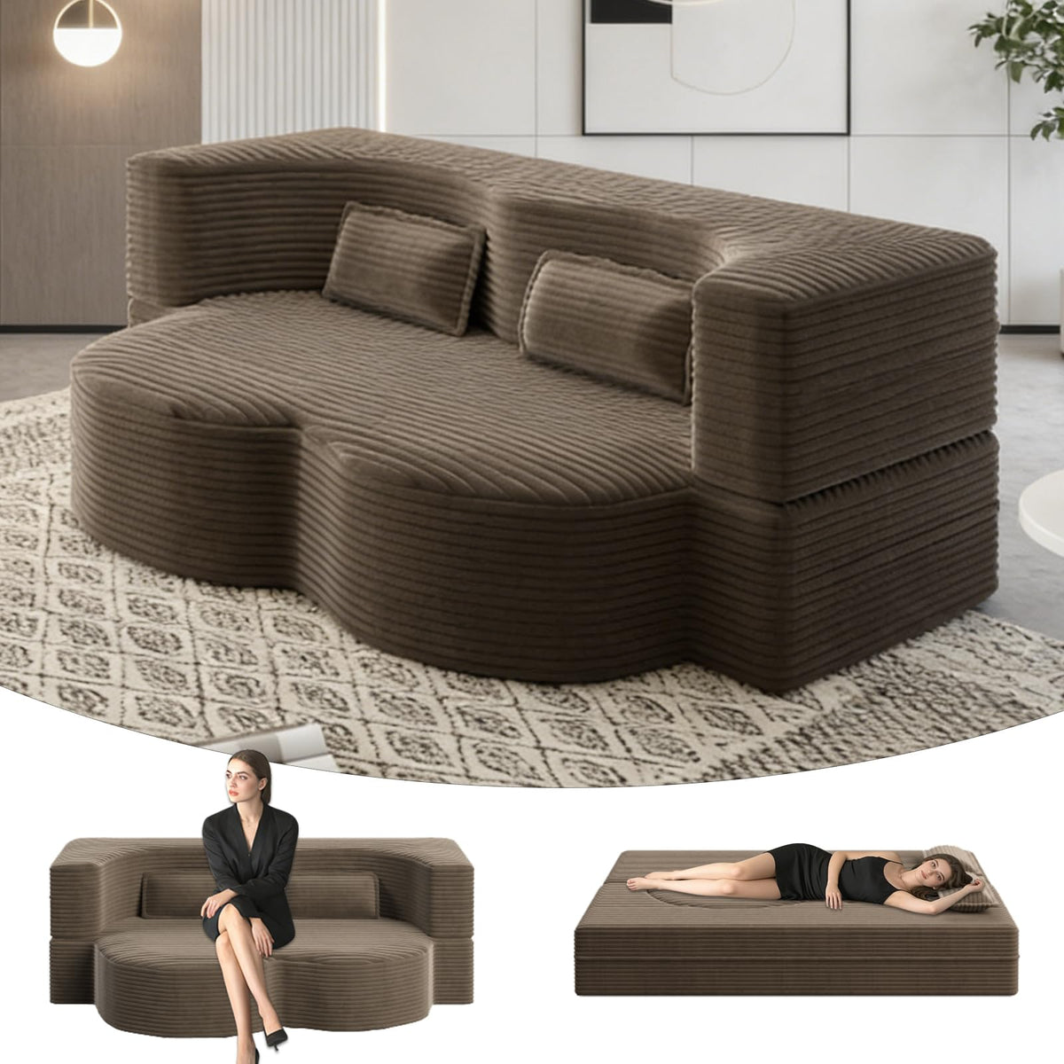 Brown Corduroy Convertible Futon Sofa Bed N39209