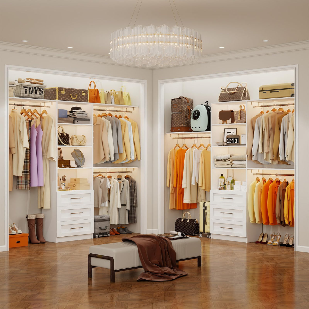 White Closet System with 3 Wood Drawers and Hanging Rods C125634