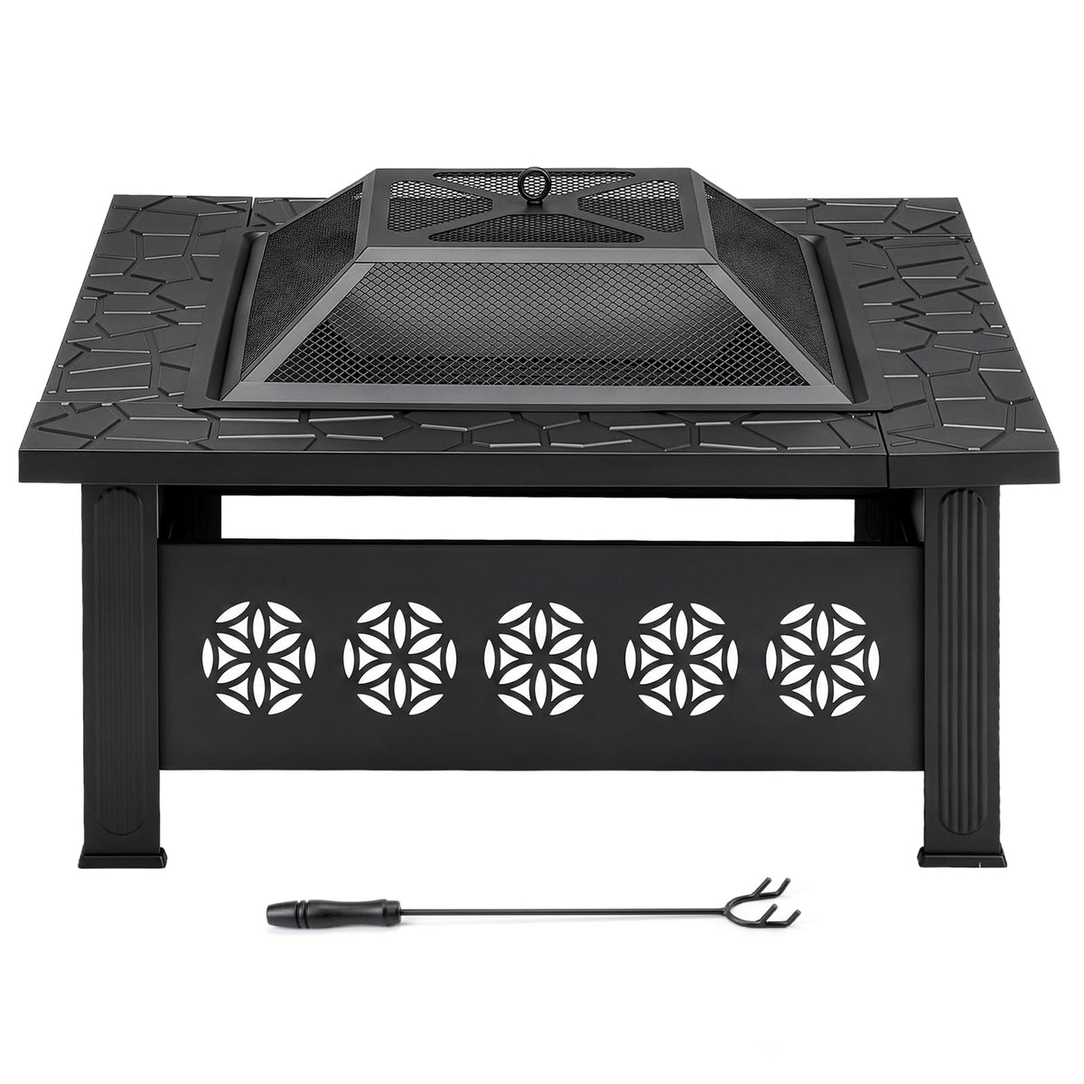 32 Inch Square Wood Burning Fire Pit Table with Spark Screen Lid and Fire Poker, Black H612409