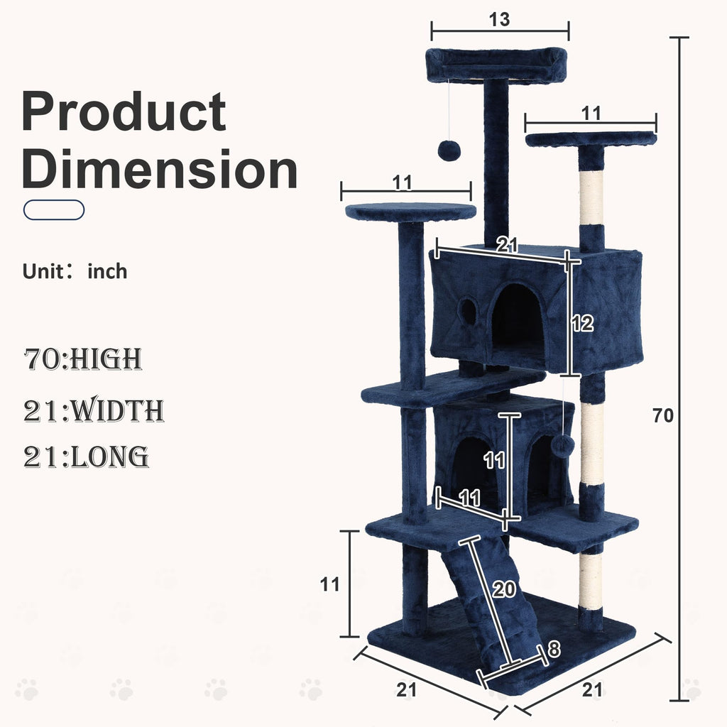 70 Inch Navy Blue Multi-Level Cat Tree with Scratching Posts N9008