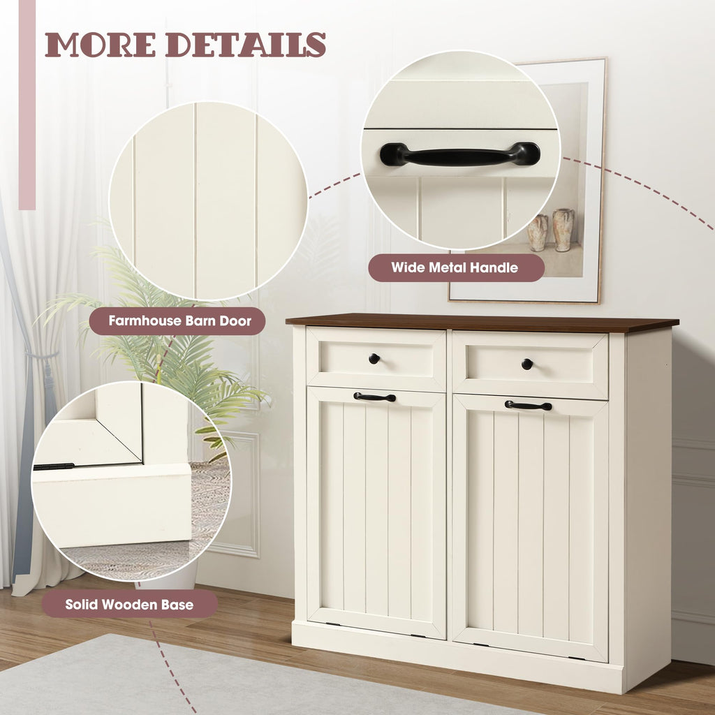 White 22 Gallon Wooden Laundry Hamper Cabinet with 2 Drawers R354
