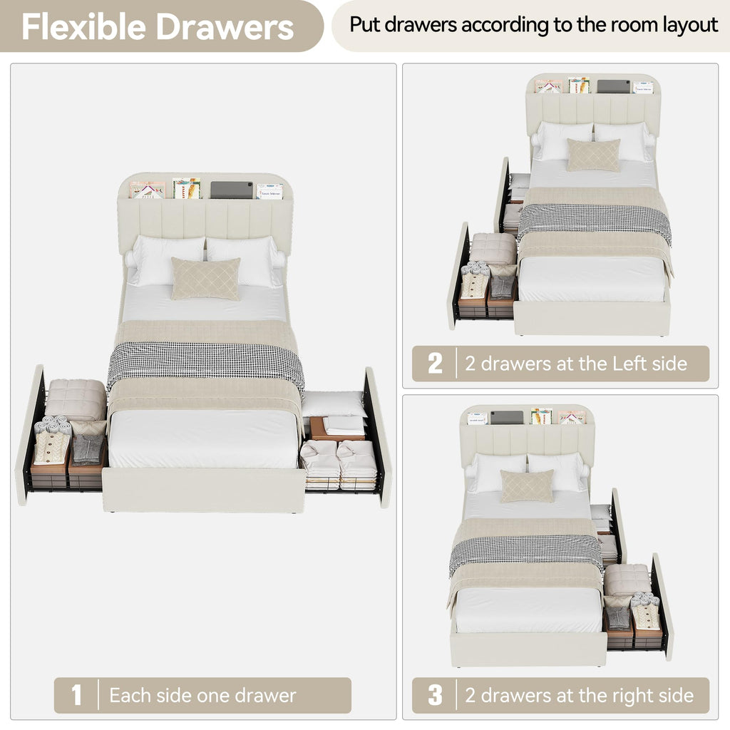 Twin Platform Bed with Storage Headboard & Drawers D8852