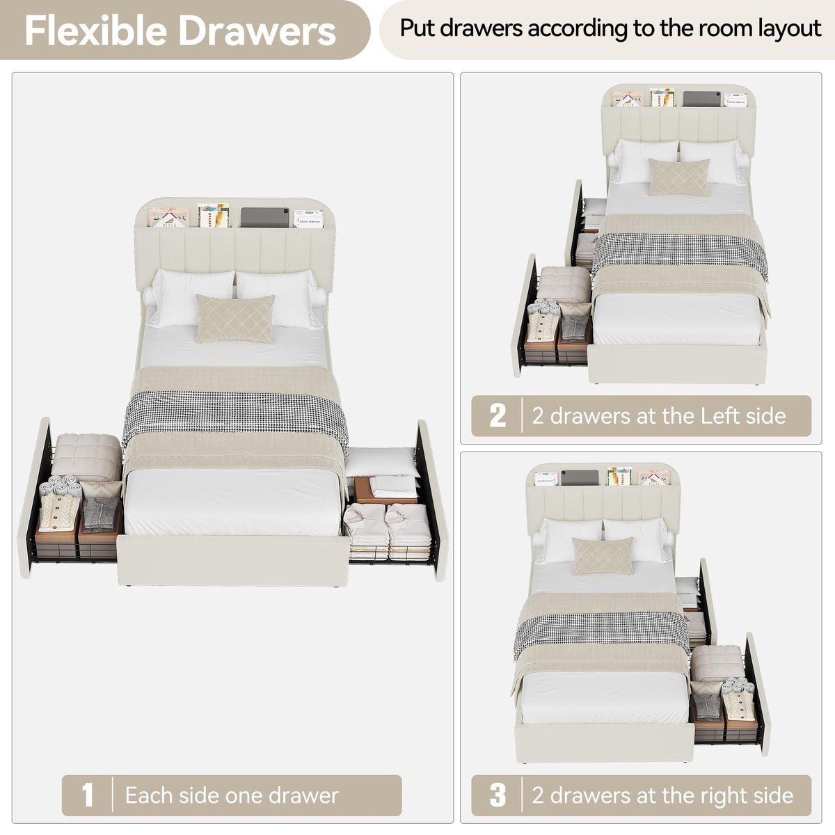 Twin Platform Bed with Storage Headboard & Drawers D8852