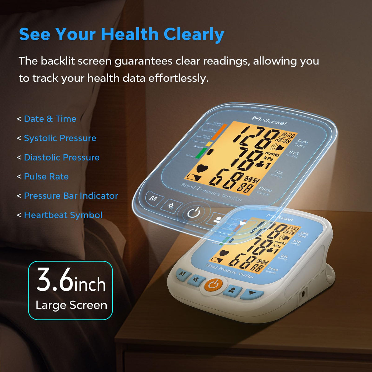 Blood Pressure Monitor with Adjustable Cuff and Backlit Display V207935